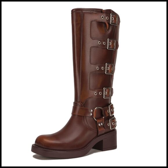 Knee High Riding Boots Chunky Heel Square Toe Buckle Wide Calf Biker Style